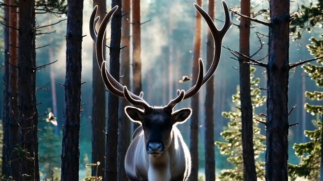 Majestic deer with large antlers standing in a serene forest, sunlight filtering through tall trees, creating a tranquil atmosphere