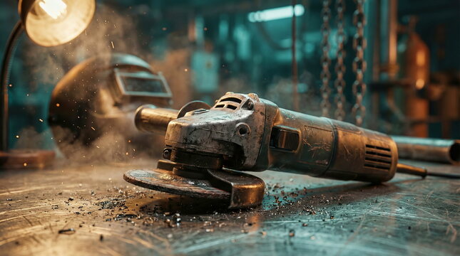 Angle grinder on a dusty metal workbench with debris and sparks, representing industrial work, craftsmanship, and powerful tools in a workshop. - Powered by Adobe