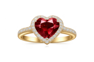 Gold engagement ring featuring heart-shaped ruby, diamonds