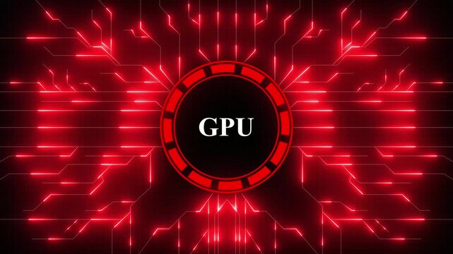 Glowing neon GPU chip icon loop animation, glowing neon GPU chip logo animation . Digital Data moving on Circuit Board and CPU . Computer Processing and organizing data.