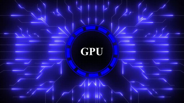 Glowing neon GPU chip icon loop animation, glowing neon GPU chip logo animation . Digital Data moving on Circuit Board and CPU . Computer Processing and organizing data.