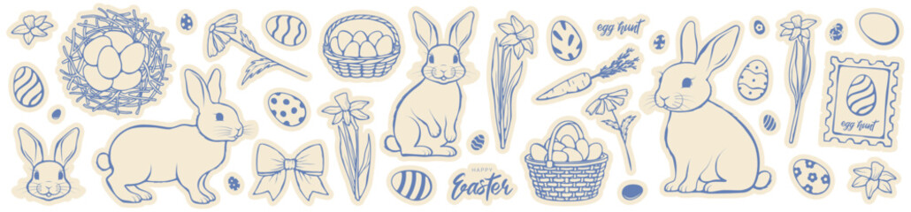 Easter doodle big collection. Trendy decorative elements, eggs, bunnies, flowers, nest, carrot, postage stamp, baskets. Vector set with Easter symbols for decoration of Easter events, cards, posters.