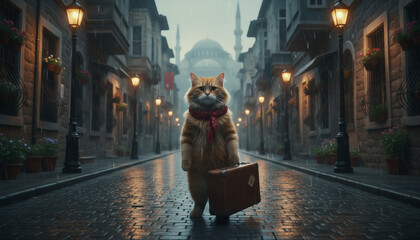 Charming Istanbul street cat walking along a historic alley at night, symbolizing city life, independence and the iconic culture of Istanbul’s beloved cats.