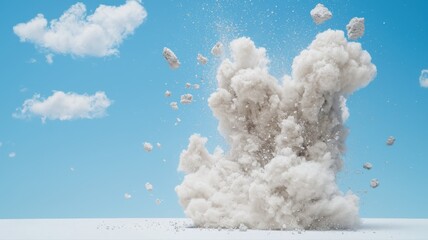 Powerful Abstract Explosion of Rock and Dust on White Background with Blue Sky and Clouds explosion