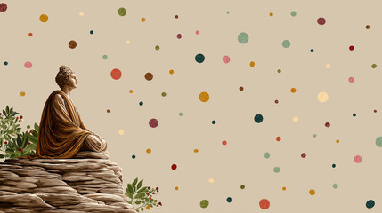 Serene Meditation: A meditative figure sits atop a stone cliff, immersed in tranquility with a serene demeanor. Colorful dots create a harmonious backdrop in a beautiful, artistic style.