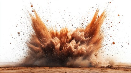 Powerful Dust and Debris Explosion on White Background explosion debris dust explosion blast impact
