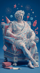 Celebratory Statue: A stately sculpture of a man, adorned with a festive hat, relaxes on a decorative chair, with celebratory elements and stars floating around him.
