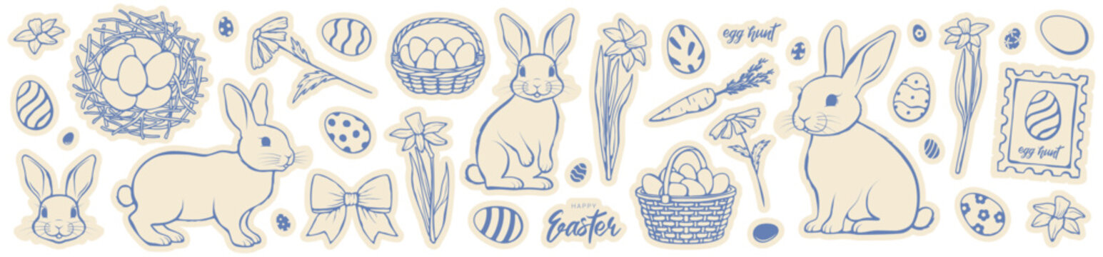Easter doodle big collection. Trendy decorative elements, eggs, bunnies, flowers, nest, carrot, postage stamp, baskets. Vector set with Easter symbols for decoration of Easter events, cards, posters.