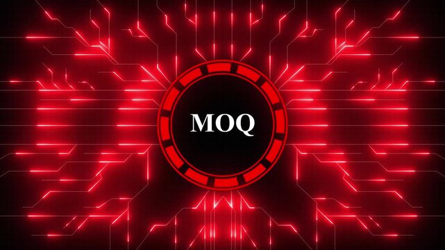MOQ &ndash; Minimum Order Quantity. MOQ concept head up display (HUD UI) panel and futuristic technology. Digital Data moving on Circuit Board and CPU . Computer Processing and organizing data.