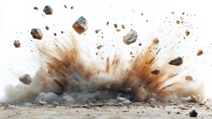 Powerful Explosion of Rocks and Dust on White Background explosion dust rocks background blast power