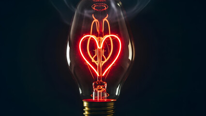 A conceptual image of a glowing red heart-shaped filament inside a vintage light bulb, symbolizing love, passion, and bright ideas
