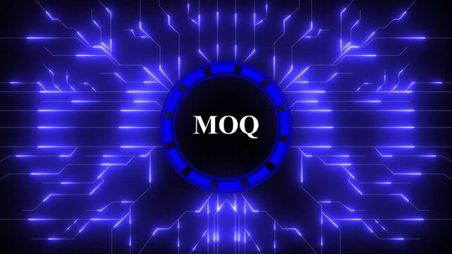 MOQ &ndash; Minimum Order Quantity. MOQ concept head up display (HUD UI) panel and futuristic technology. Digital Data moving on Circuit Board and CPU . Computer Processing and organizing data.