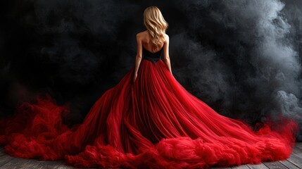 A woman in an elegant red gown, back to the viewer, amidst dark, dramatic smoky background