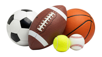 Collection of Sports Balls: Soccer, Football, Basketball, Tennis, Baseball