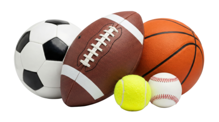 Collection of Sports Balls: Soccer, Football, Basketball, Tennis, Baseball