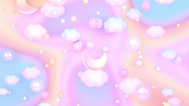 Pastel moon sky with stars, bubbles, and clouds animation. (loop)