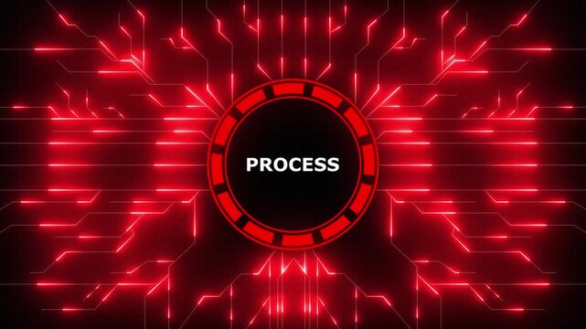 Abstract digital circuit board visualizes process in technology with red background , 4k video
