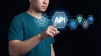 Man interacting with futuristic API interface on dark background