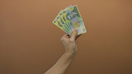 Hand of a caucasian man holding romanian lei banknotes against a brown wall background, emphasizing...