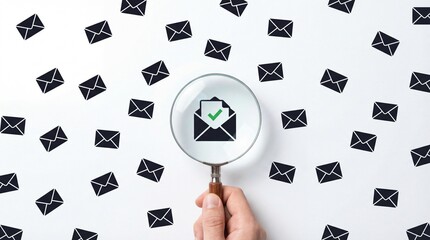 Hand holding magnifying glass over verified email icon among many envelopes