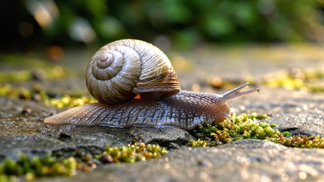A brown garden snail crawls across damp stone, moss patches glow under sun, shell shows spiral. Near