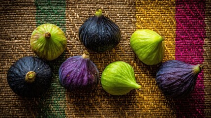 Exotic Figs: A close-up showcases a collection of freshly picked figs, with their vibrant colors of green and purple, resting on a textured, multi-colored surface.