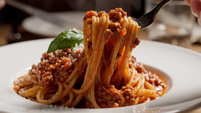 Plate of spaghetti with hearty rag?, basil leaf, grated cheese, and a fork twirling al dente noodles