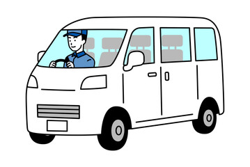 白い軽バンを運転する配達員の男性