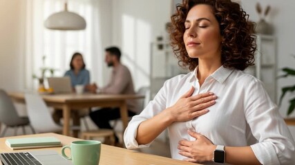 Mindful breathing exercise in a bright office during the day with people working in the background