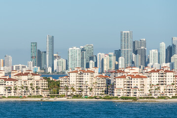 View of the Miami skyline featuring Fisher Island in the foreground, Miami, Florida, United States