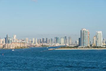 Obraz premium View of the Miami skyline with cruise port and Miami beach from the Atlantic Ocean, Miami, Florida, United States