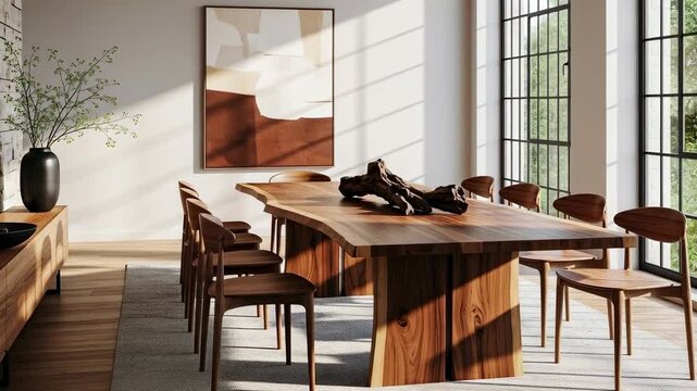 Modern dining area with large table and chairs in bright space