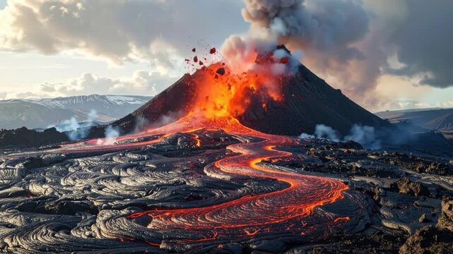 Dramatic volcanic eruption with flowing lava creating a powerful and fiery landscape.