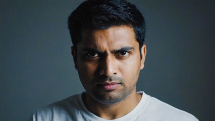 Obraz premium Portrait of angry South Asian man on gray background
