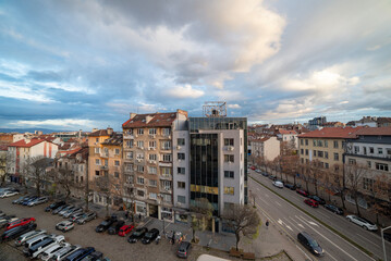 Fototapeta premium Aerial view of buildings and roads in old downtown Sofia, Bulgaria, Europe