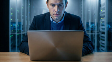 Cybersecurity specialist working on laptop in server room data center network monitoring and information security concept with blue lighting and racks