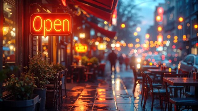 Open neon sign glowing in restaurant window at night.
