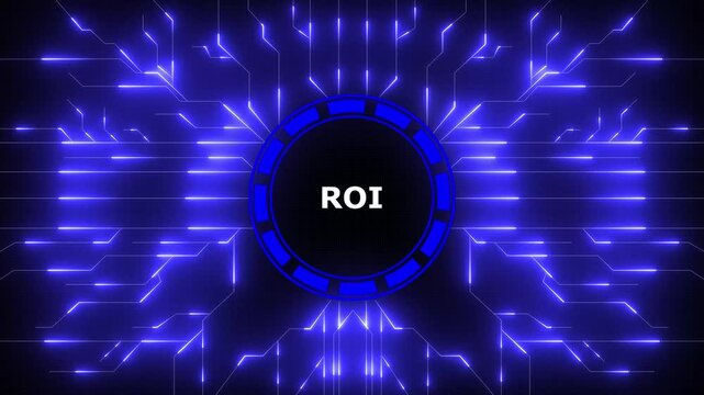 ROI Return on investment financial growth concept. Business, Technology, Internet and network concept. Digital Data moving on Circuit Board and CPU . Computer Processing and organizing data.