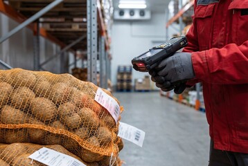 Logistics Professional Scanning Produce Bags with Barcode Reader in Modern Warehouse