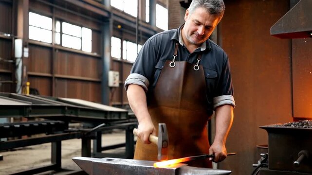 Blacksmith shaping glowing metal on an anvil with a hammer in a well-lit workshop, showcasing craftsmanship and dedication