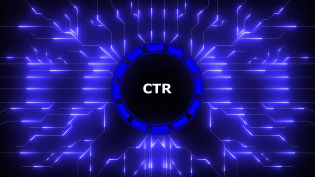CTR (Click-through rate) banner and concept. Letters on bright colorful background. Minimal aesthetics. Digital Data moving on Circuit Board and CPU . Computer Processing and organizing data.