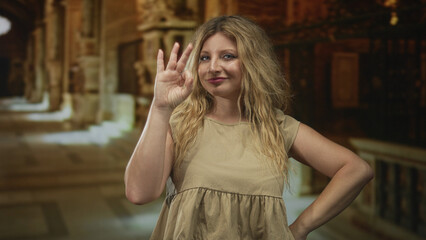 Woman making ok sign with hand inside church building, arm on hip, beige dress and loose blonde hair; approval confidence.