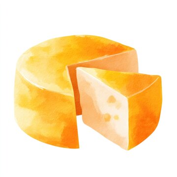 Watercolor illustration of whole and sliced cheddar cheese wheel on white background