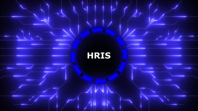 HRIS &ndash; Human Resource Information System. HRIS concept head up display (HUD UI) panel and futuristic technology abstract background. Digital Data moving on Circuit Board and CPU .