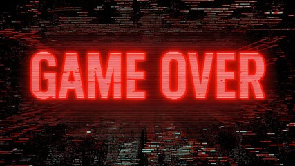 Game over message with retro neon style and digital screen glitch effect. - Powered by Adobe