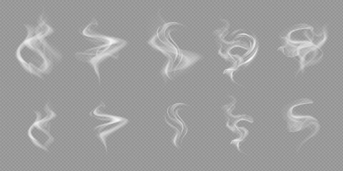 Realistic white cloud or fire smoke in the sky and vector weather element on transparent background. Chimney smoke, fog wave or cloud pattern with overlay effect. Cloud art or smoky air illustration.