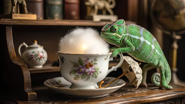 A whimsical green Panther Chameleon holding a tiny umbrella climbs onto a vintage teacup filled with a glowing cloud in a cozy, antique study
