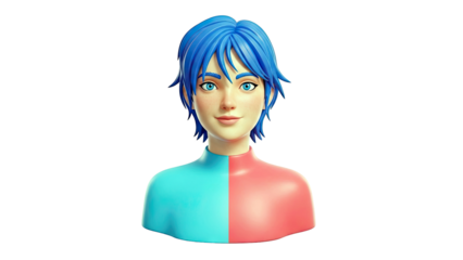 3D Avatar with Blue Hair and Split Colored Outfit