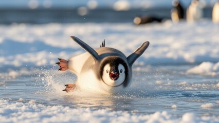 Penguin running on icy surface with wings raised, captured in a dynamic action shot from a low angle viewpoint, Whisk reference