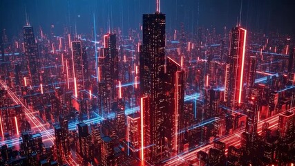 City lights shine bright at night with tall buildings and vibrant colors in a futuristic urban landscape